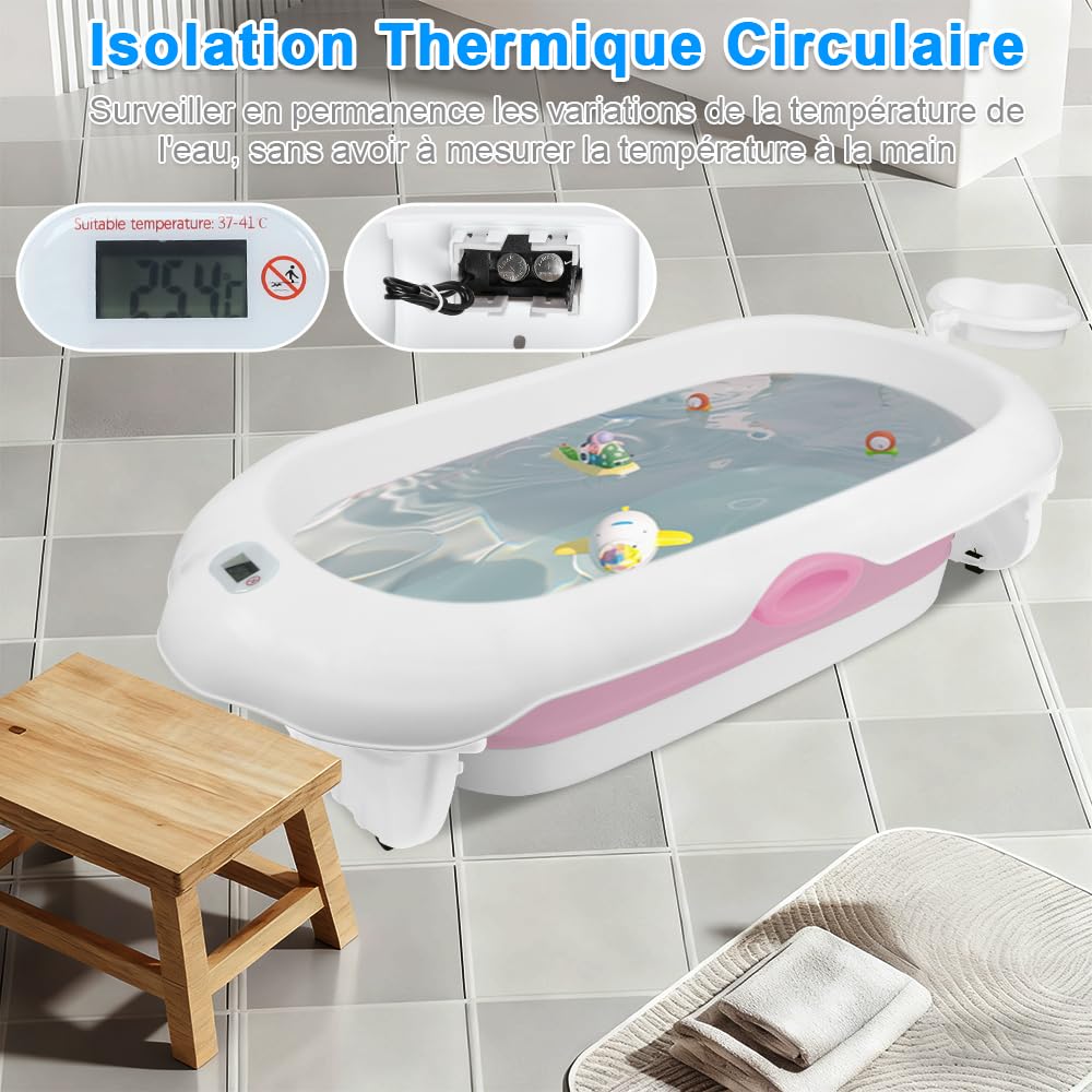 Homewell - Bañera para bebé plegable con cojín de baño para bebé y termómetro integrado, viaje, cuenca para bebé, bañera infantil, regalo de nacimiento, 97 x 52 x 24 cm (rosa)