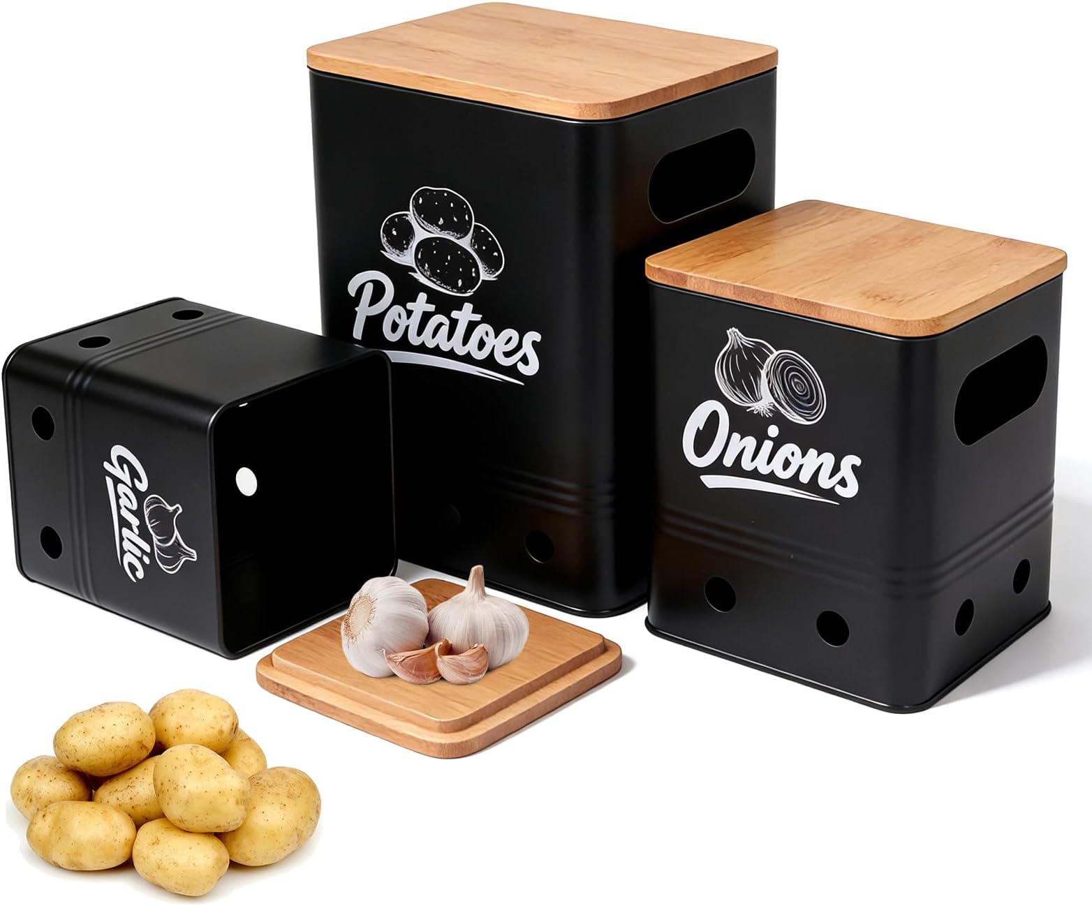 3 Pack Vegetable Storage Tins,Potato Onion Garlic Storage Stackable Containers,Black Metal Vegetable Fresh Keeper Caddy with Aerating Holes and Wooden Lid (Black)