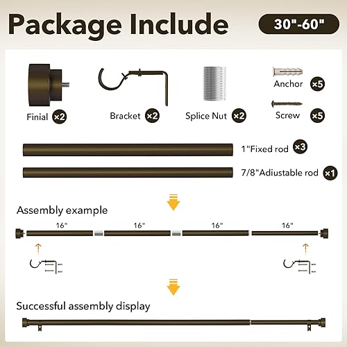 Miniatura 6 de Barras de cortina resistentes para ventanas de 28 a 48 pulgadas, barra de cortina de ventana de bronce de 1 pulgada para dormitorio, sala de estar,