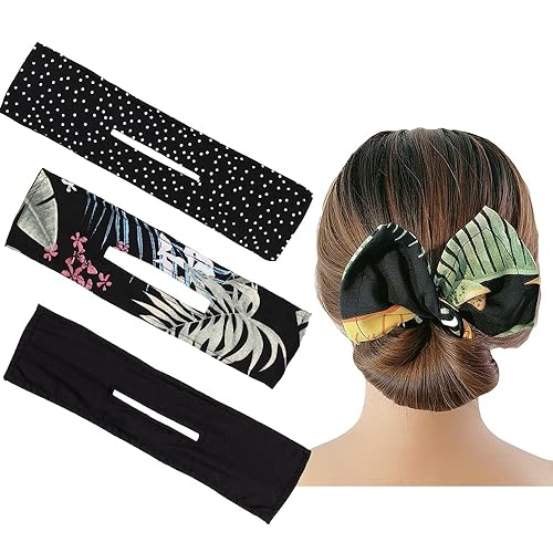 3 piezas para hacer moños de pelo negro, clip mágico de alambre en forma de dona para peinado rápido, coleteros de tela grandes para mujeres y niñas