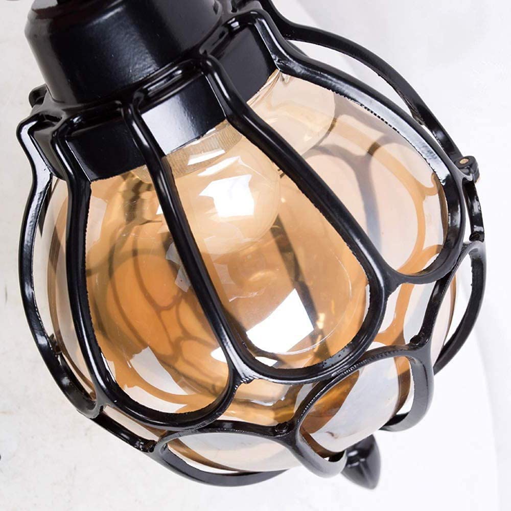 lampy wiszące, Czarny metal z aluminiową klatką w kształcie kuli przezroczystego szkła, zewnętrzna latarnia do altany, wejścia, patio