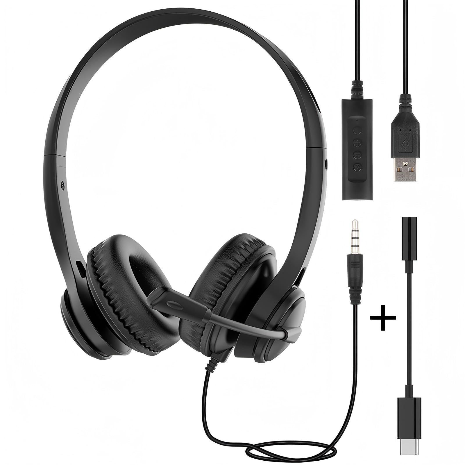USB Headset for PC Laptop Phone, 3.5mm / USB / Type-C Jack 3-In-1 Wired Headphones with Noise Cancelling Mic & Audio Controls, Adjustable Headband Headset for Call Centers, Home Office, Online Chat-image-39