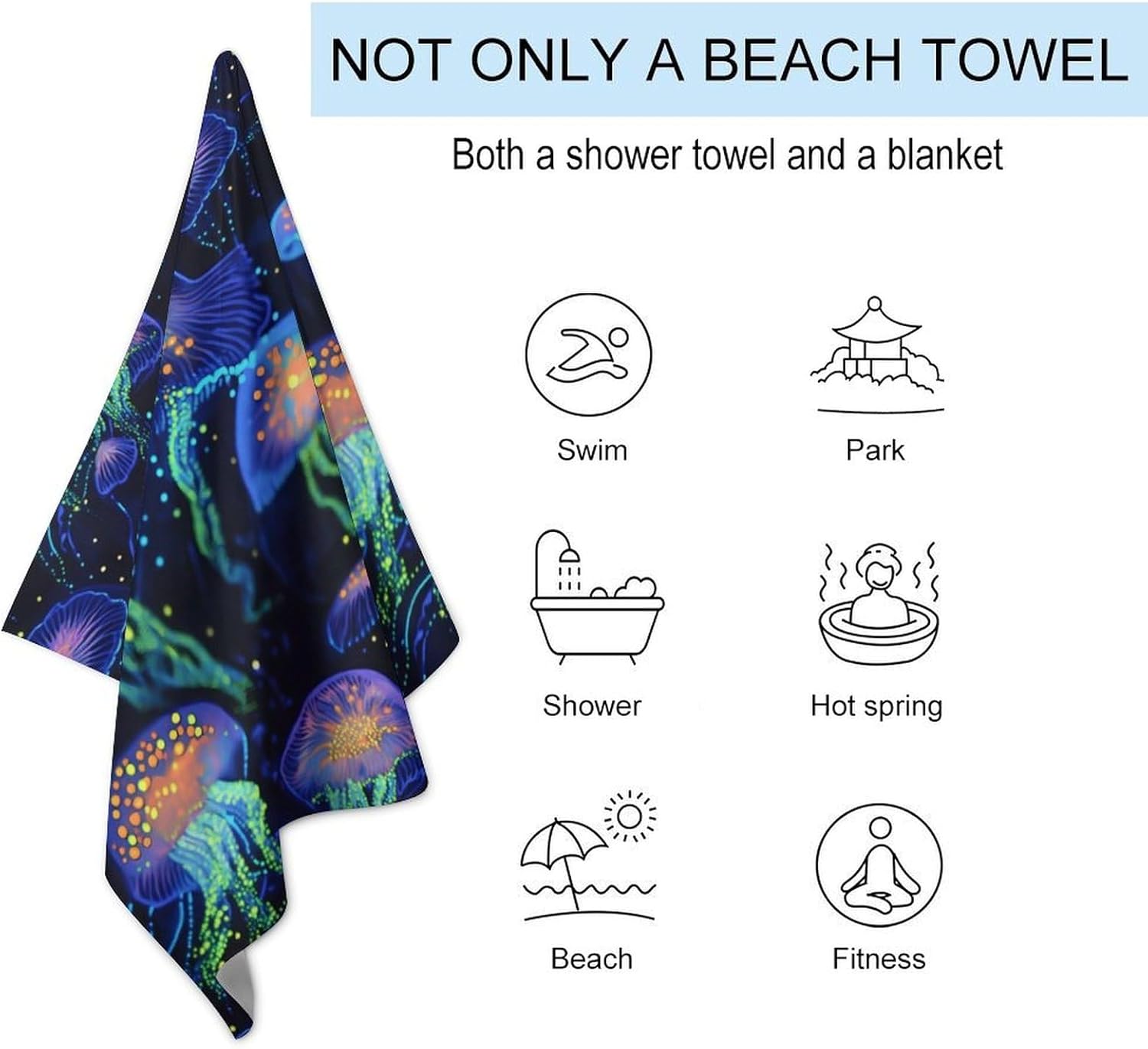 Glowing Up Jelly Fish Printed Beach Towel Lightweight Swim Surfing Towels for Pool Travel Vacation 130x80cm
