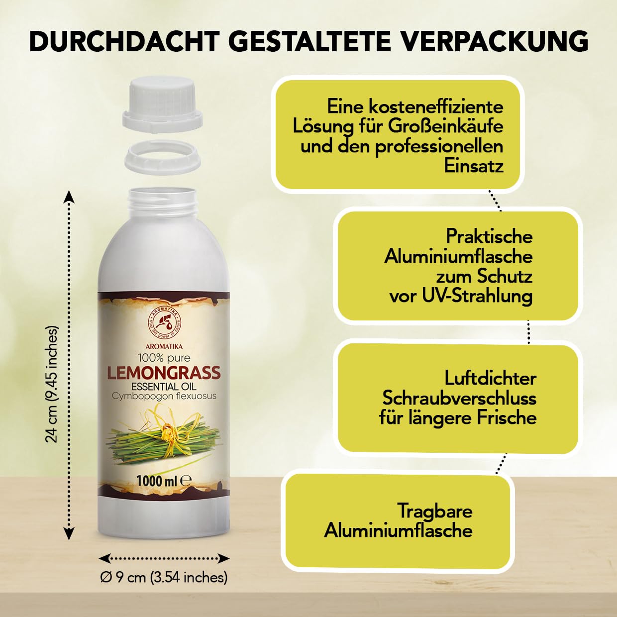 Ätherisches Zitronengrasöl 1000 ml - Cymbopogon Flexuosus - Reines Ätherisches Zitronengras Öl - für Diffusers und Duftlampen - Frischer Duft - für Aromakerze - Seife - Lufterfrischer - Aromatherapie