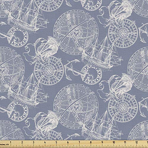 Ambesonne Nautical Fabric by The Yard, Sail Boats Anchor Pirate Ship Wind Rose Adventure in The Ocean Retro Design, Decorative Fabric for Upholstery and Home Accents, 3 Yards, Ivory Blue Grey