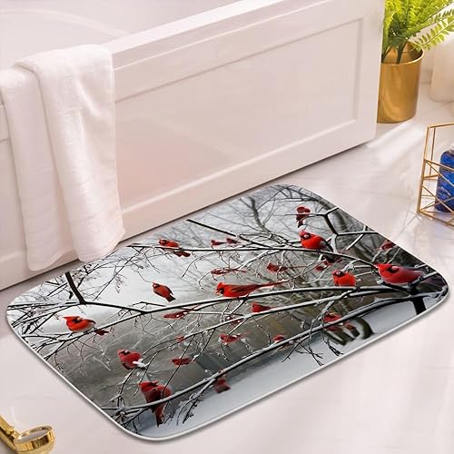 Miniatura 2 de Divertidos tapetes de baño de terciopelo coral con diseño de pájaros cardenales en rama, tapete de ducha antideslizante para decoración de baño,