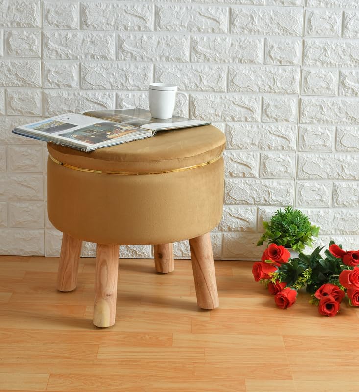 Image of Premium Velvet Round Ottoman Stool Cover - Stretch Ottoman Slipcover for Vanity & Footstool - Washable, East to Remove & Fits in 16-Inch Diameter, 8 Inch Box Height, Beige