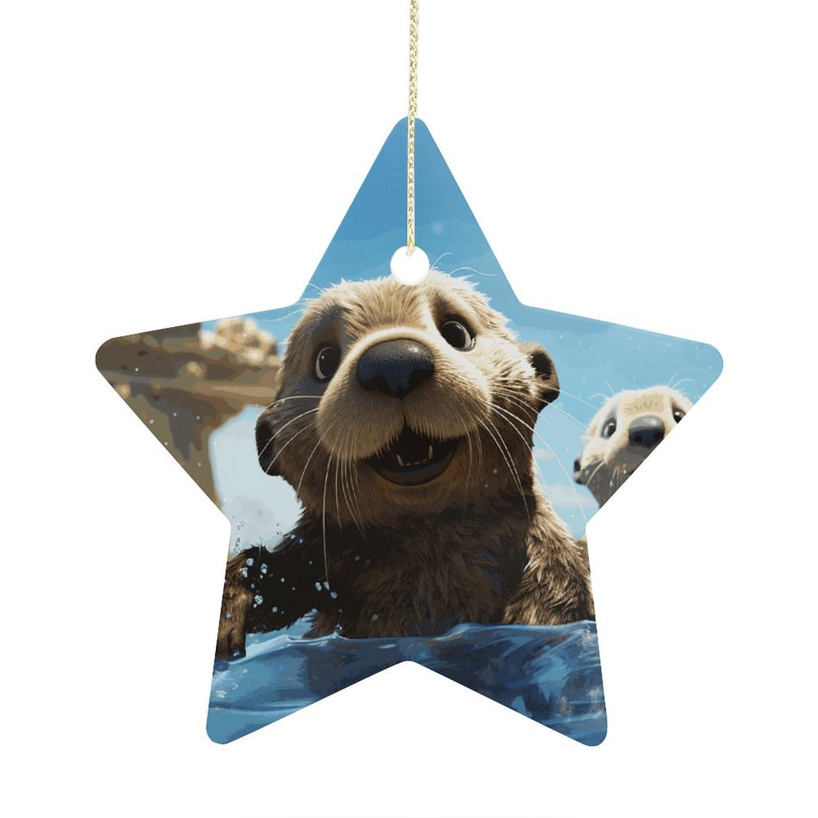 Lovely Sea Otter Print Stars Ornaments Ceramic Christmas Tree Hanging Light in Weight Christmas Star Pendants Funny Double-Sided Printed Xmas Ornaments for Gifts