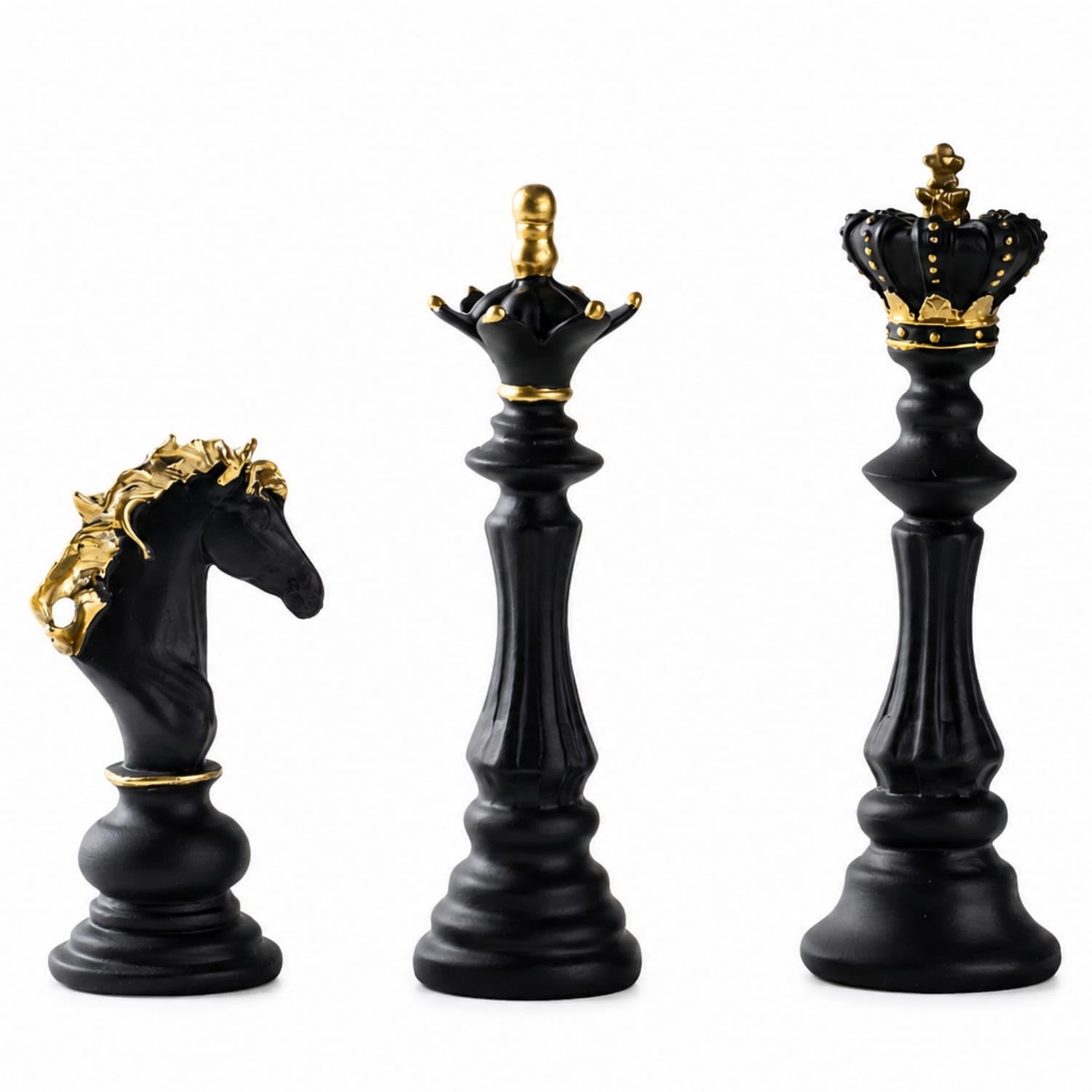3 Pieces Gold-Accented Resin Chess Decor Slender Chess Piece Statue Creative Resin Figurine Sculpted for Bookshelf, Desk, Black, 3-piece Set-image-38