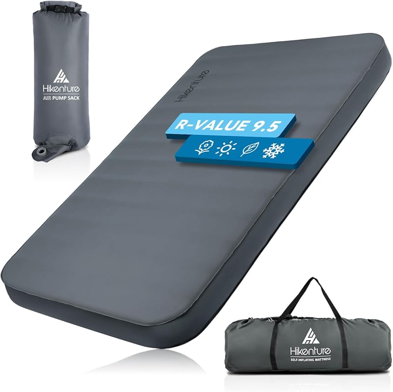 Colchoneta de dormir autoinflable doble extra gruesa, colchón de camping 9,5 R para 2 personas, colchoneta de camping de espuma inflable con saco de bomba, portátil de 4 pulgadas de grosor Comfort Plus estera de camping para 4 estaciones