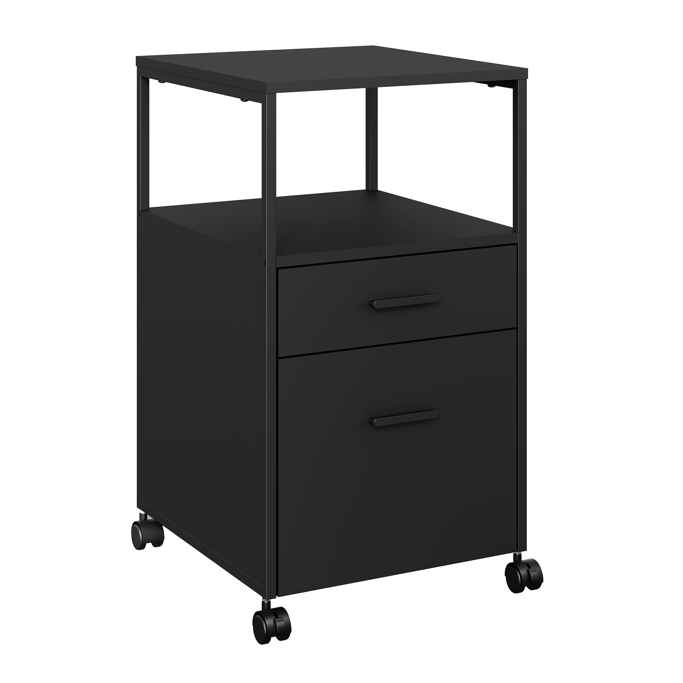 Panana Mobile File Cabinet, 2 Drawer 1 Shelve Wooden & Steel Frame Office Desk Drawers With Open Compartment Under Desk Storage Home Office Furniture (Black)