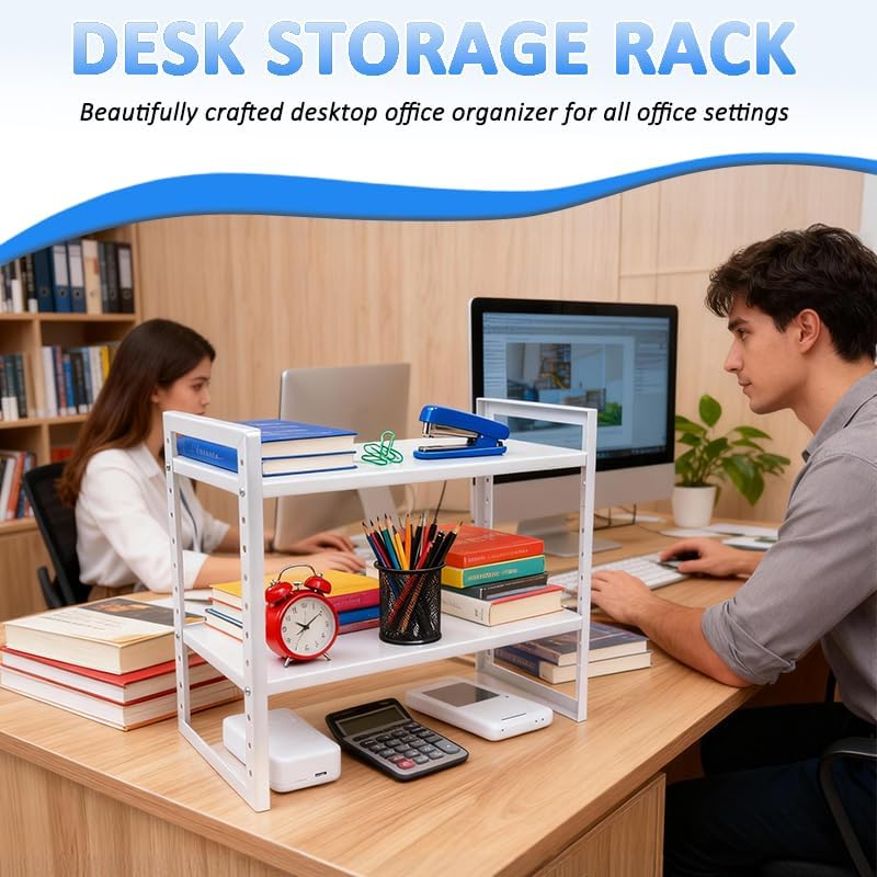 Office Desk Shelf Organizer, Metal Desktop Bookshelf Storage Rack, Height Adjustable Countertop Shelf for Study Room, Home Office, Multipurpose Storage for Books, Files, Stationery and Desk Essentials
