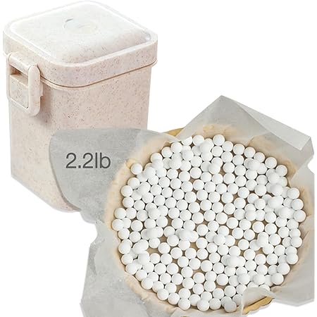 2.2Lb Ceramic Pie Weights Baking Beans Pie Crust Reusable 10mm Weights Natural Ceramic Stoneware with Wheat Straw Container (35 Oz Total) (White)