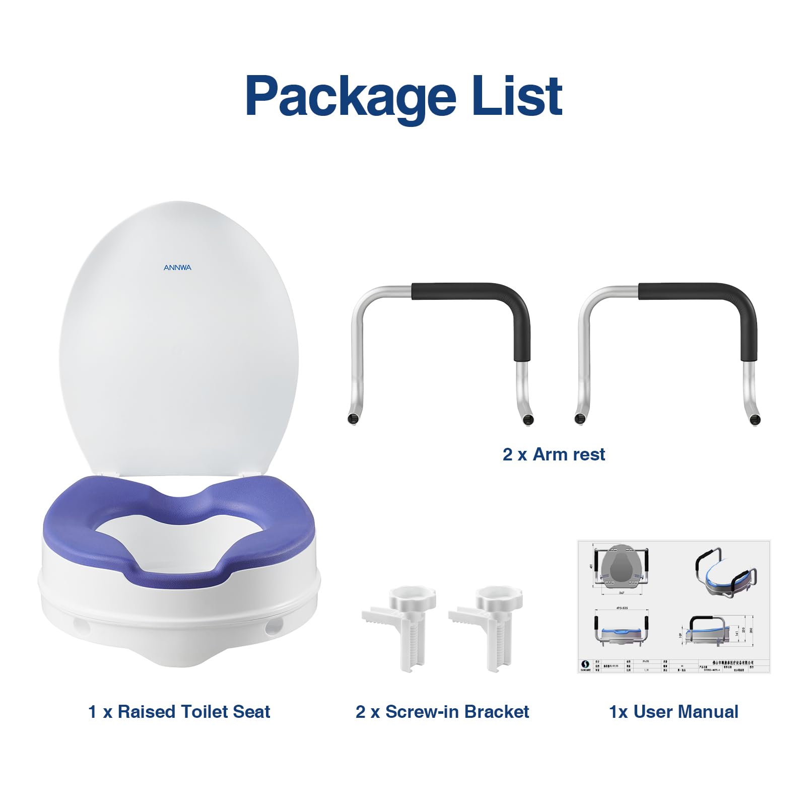 Rehausseur WC Adulte avec Accoudoirs et Couvercle, Siège de Toilette Surélevé 10 cm, Rehausseur Toilette Adulte avec Poignées Rembourrées, Charge 200 kg, Toilette Post Opératoire (N1FYT16)