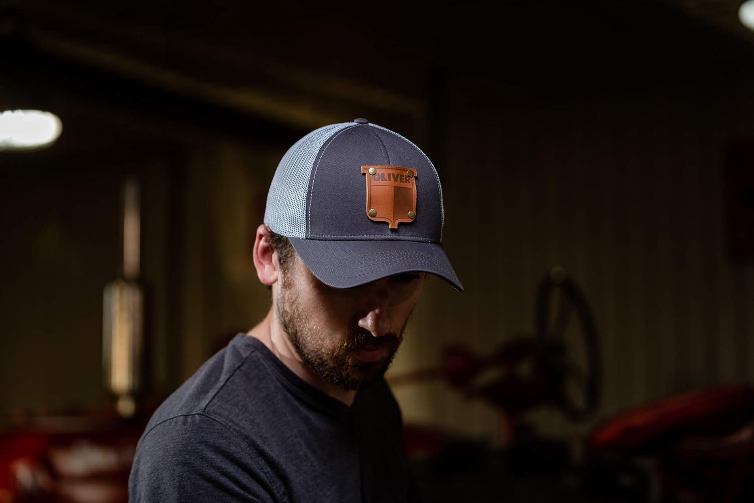 Oliver Tractor Hat with Leather Emblem, Gray/White Mesh
