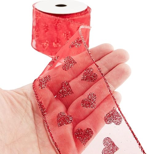 Miniatura 7 de Factory Direct Craft - Cinta de satén con borde con alambre de color negro y rojo para el día de San Valentín cinta de amor con purpurina para