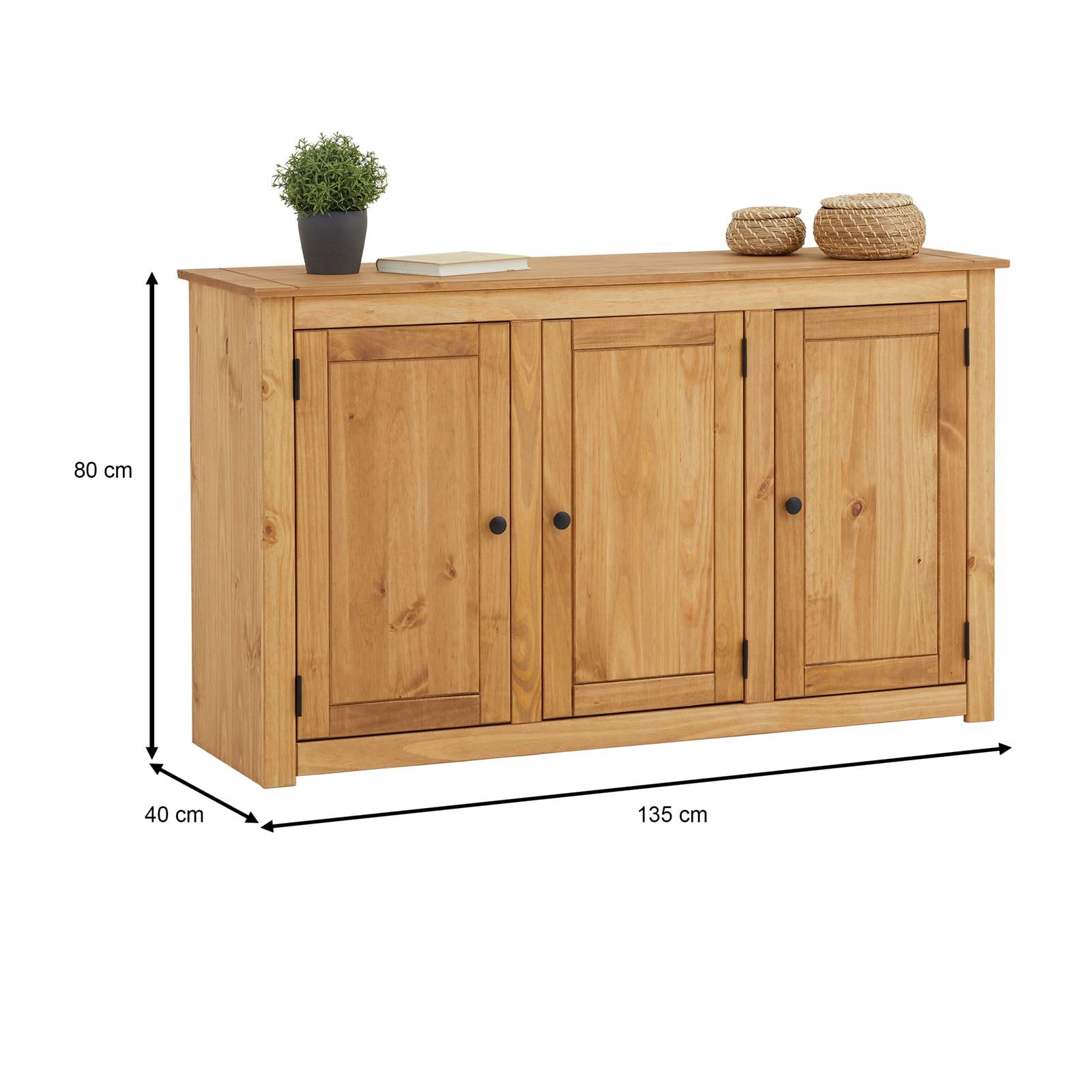 IDIMEX Sideboard CANCUN mit drei Türen - Massivholz Kiefer, Gebeizt/Gewachst, Vielseitig für Wohnzimmer, Flur
