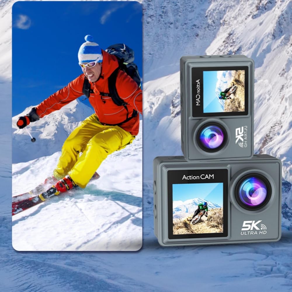 MEIION kersens Camara accion Doble Pantalla Tarjeta de Memoria de 32 GB, 48MP WiFi, 170° Gran Angular Full HD EIS, 30m Impermeable para Bicicleta, Buceo y Moto