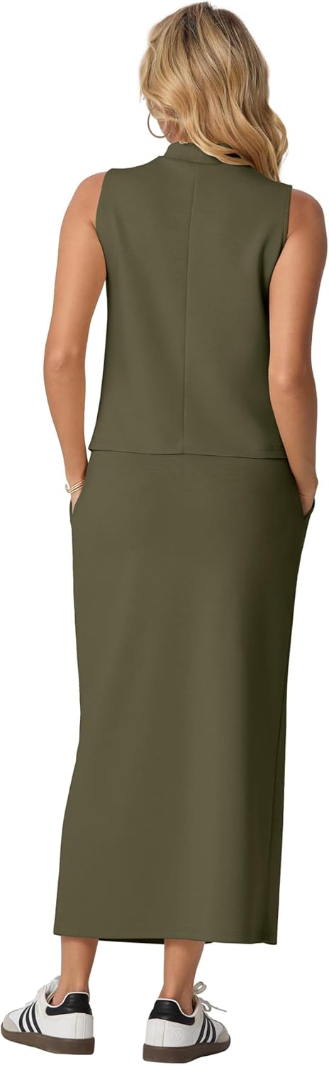GRECERELLE 2026 Women Summer Casual 2 Piece Sets Mock-Neck Wrinkle-Free Top & Elastic Waist Midi Side Slit Skirt with Pockets - Image 6