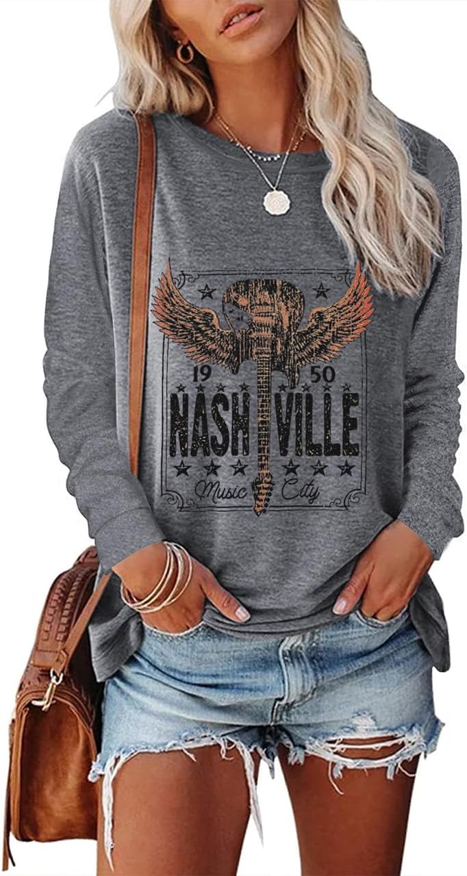 Women Nashville Shirts Vintage Rock Country Music T Shirt Long Sleeve Vacation Loose Fitting Tops