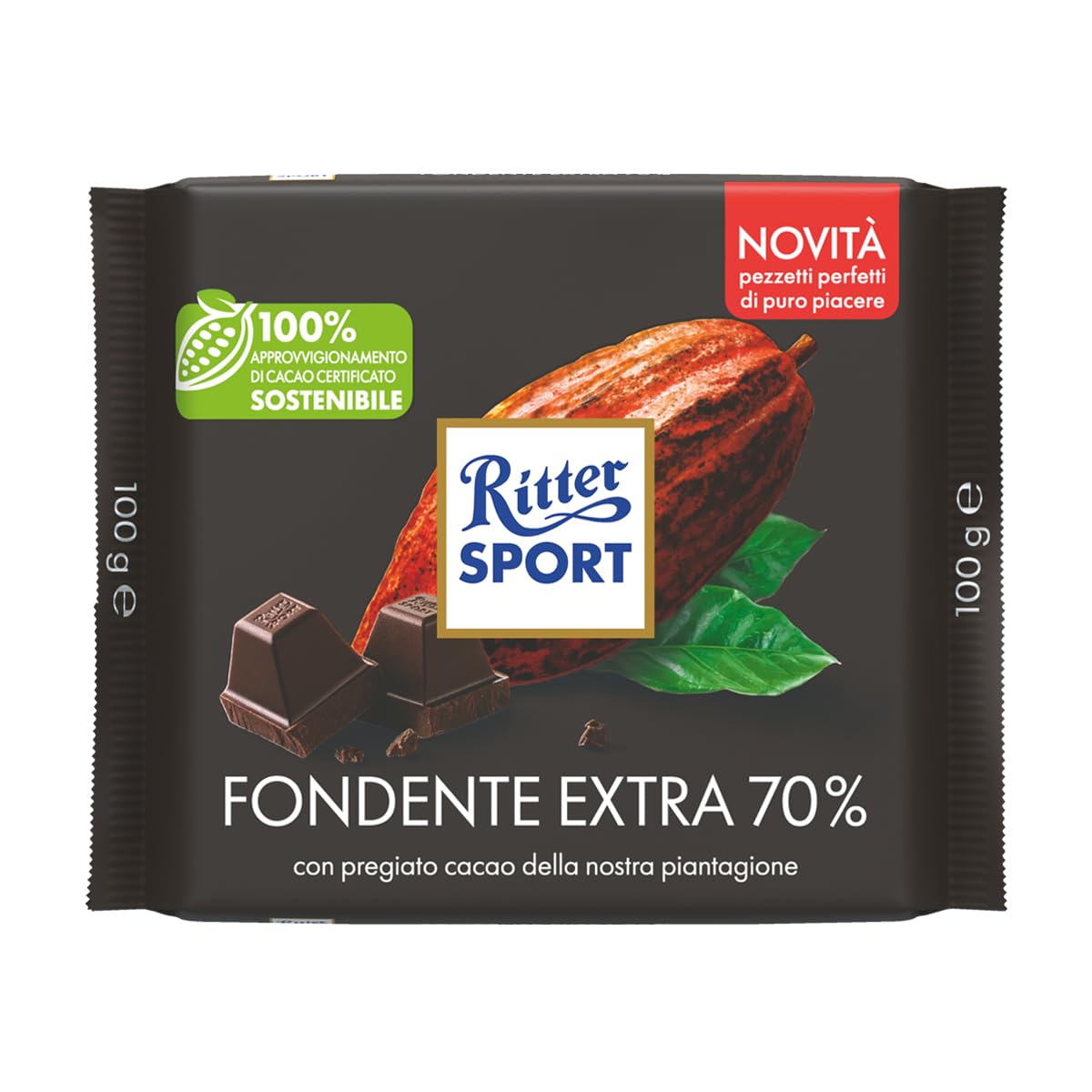 RITTER SPORT Fondente 70% Cacao, Tavoletta di Cioccolato Extra Fondente con Ingredienti Selezionati, Materie Prime da Filiera Certificata Sostenibile, 9 Pezzi x 100 g