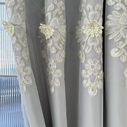 Miniatura 7 de Amidoudou 1 par de cortinas europeas de doble capa bordadas de lujo para sala de estar y dormitorio (gris, 52 x 90 pulgadas)