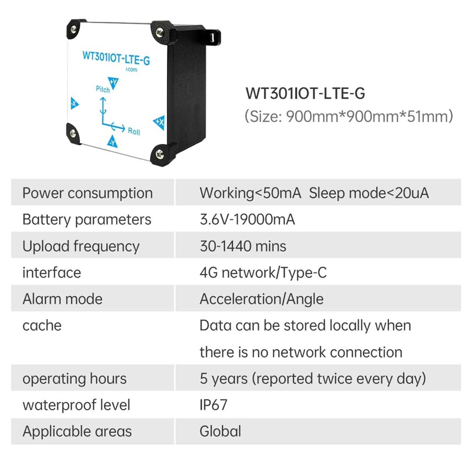 WT301IOT-LTE-G 4G 0.2° Wireless Tilt Alarm Angle Acceleration Sensor Remote Monitoring Anywhere