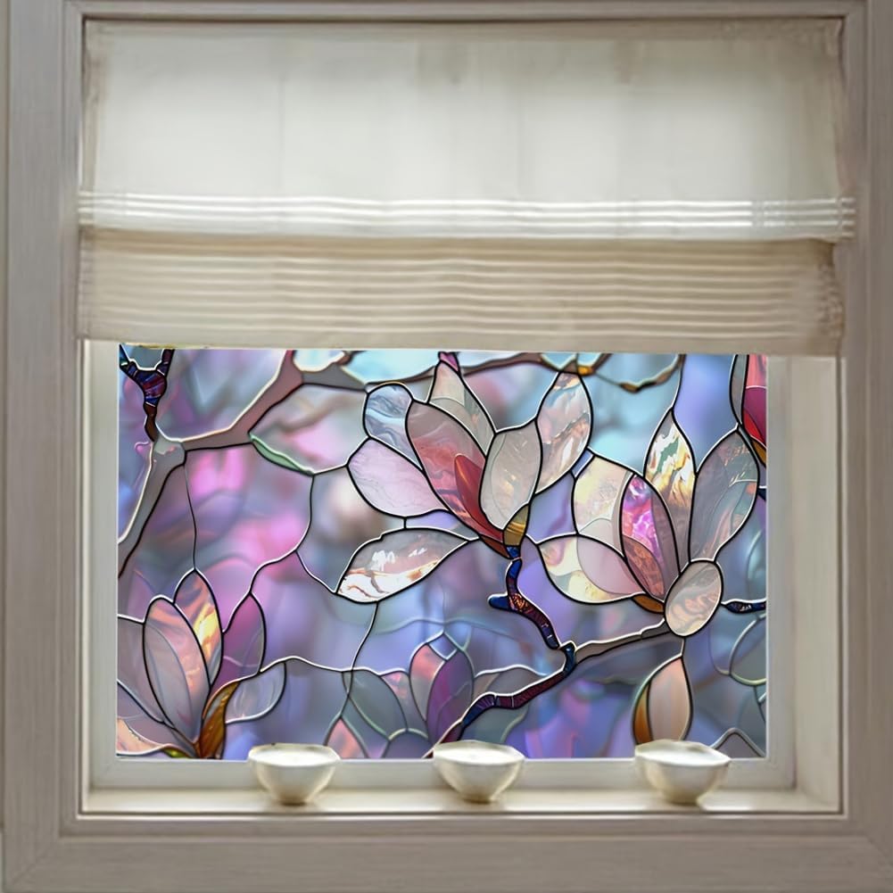 JOONOR Retro Magnolia Sunroof Film, Stained Glass Decals Colorful Floral Window Privacy Film for Car Sunroof Living Room Sun Blocking Decor Removable Static Cling PVC Stickers, 17.72 x 35.43 Inch