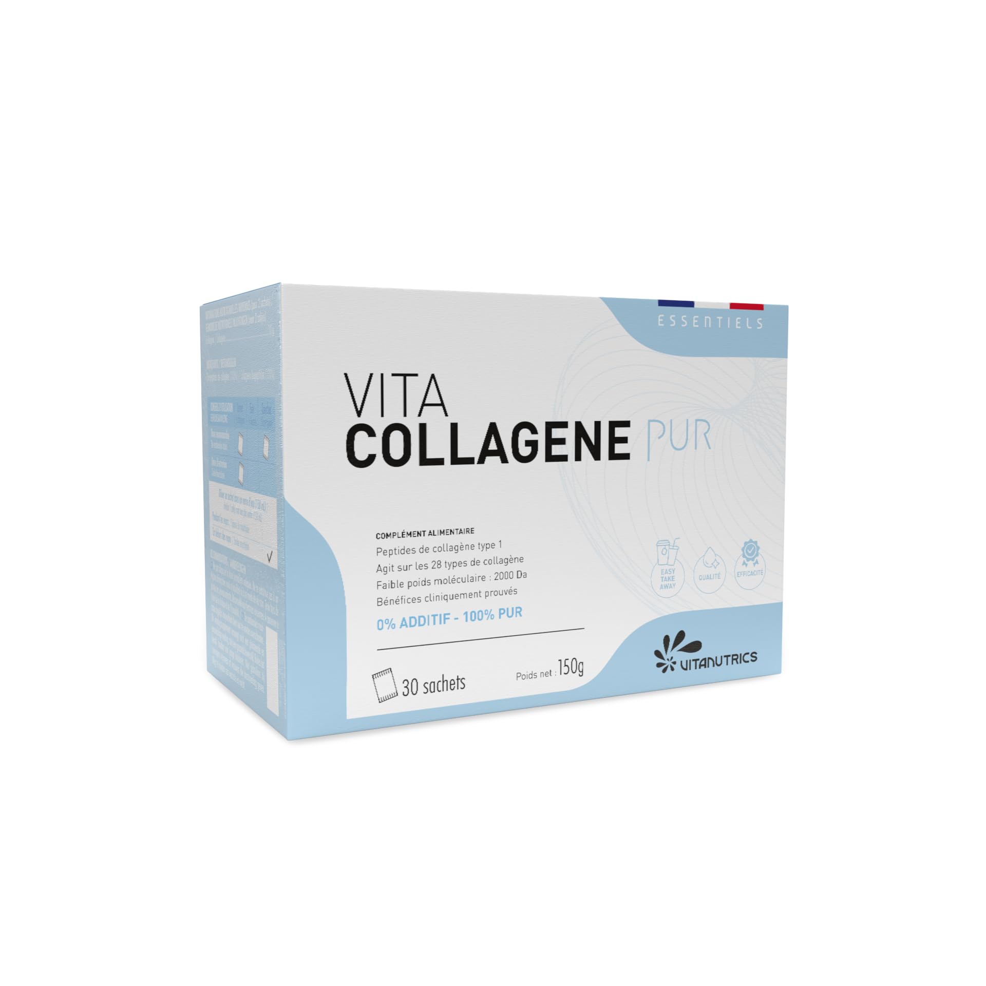 Vitanutrics - VITACOLLAGENE Pur - Confort Articulaire, Renfort musculaire, Beauté, Résistance de la Peau - Faible Poids Moléculaire - Absorption Optimale - Fabriqué en France - 30 Sachets