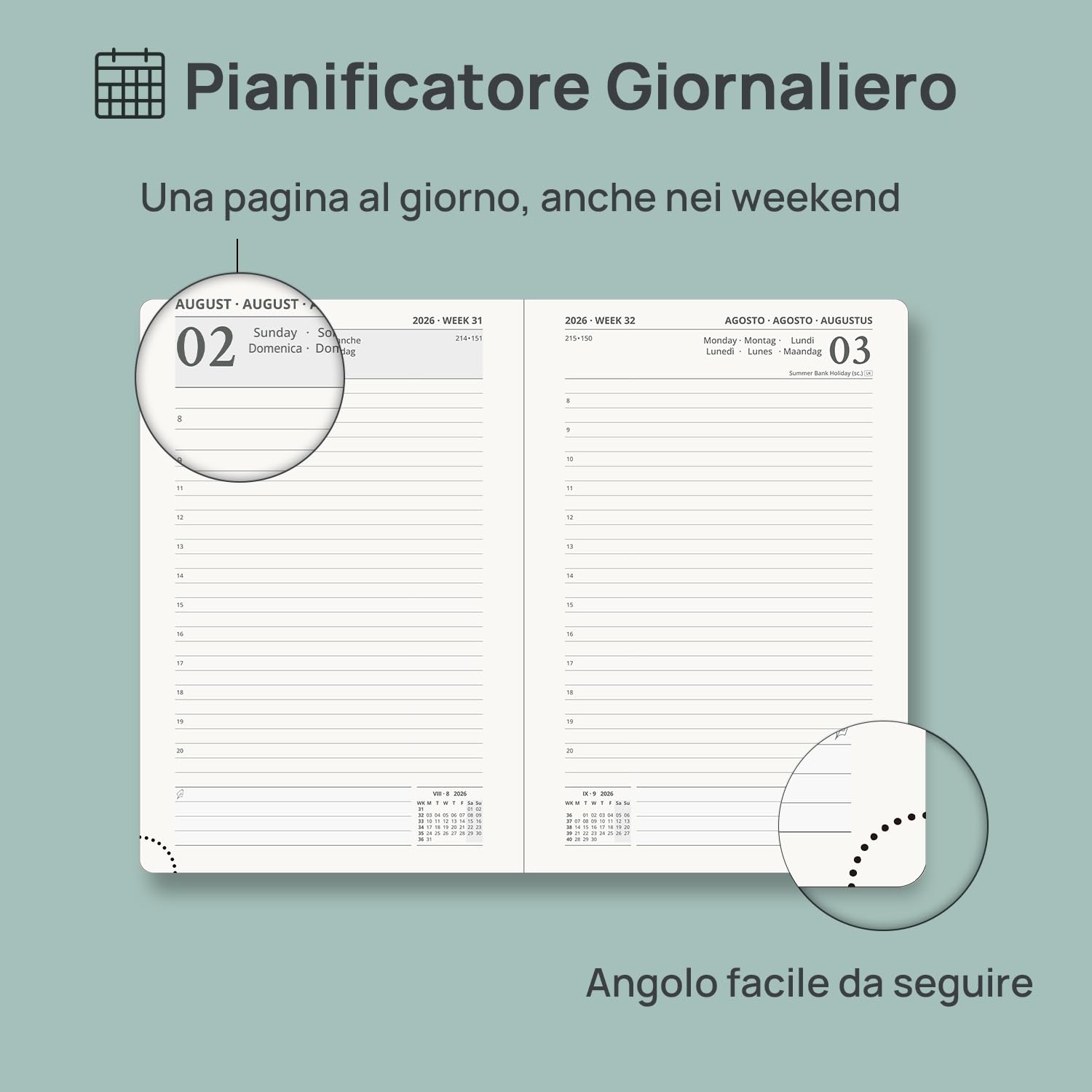 POPRUN Agenda 2026 2027 Giornaliera A5, Daily Planner 21,5 x 14,5 cm 12 Mesi da Ago.2026 a Lug.2027, 1 Giorno 1 Pagina da Lun a Dom con Schede Mensili, Carta Spessa da 80 GSM, Verde Pacifico