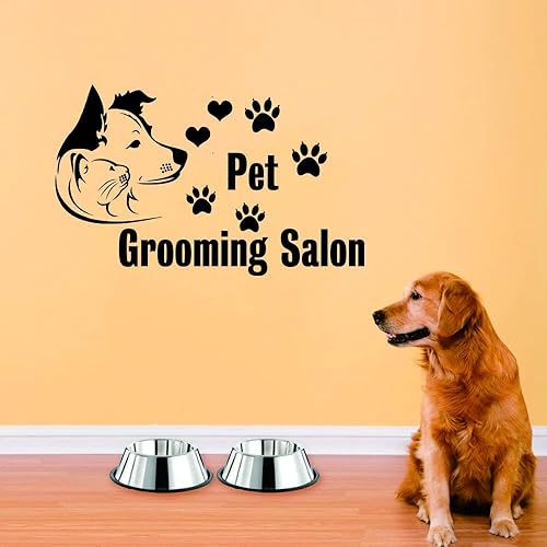 ANFRJJI Calcomanía de pared para salón de aseo de mascotas, adhesivo de vinilo de PVC extraíble con diseño de perro y gato, arte de pared perfecto