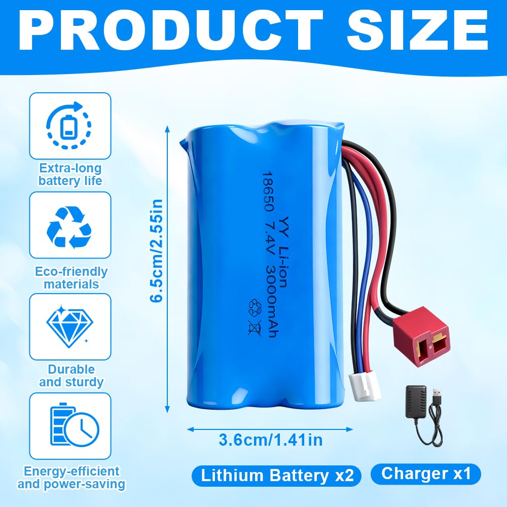 2 batterie ricaricabili agli ioni di litio 18650 da 7,4 V, 3000 mAh, con spina Deans T e caricatore USB, batteria agli ioni di litio 18650 per auto RC, barche, carri armati, robot