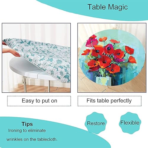 Miniatura 5 de Mantel redondo impresionista con borde elástico, pintura floral con colorido ramo de flores en jarrón, adecuado para bodas, banquetes, restaurantes