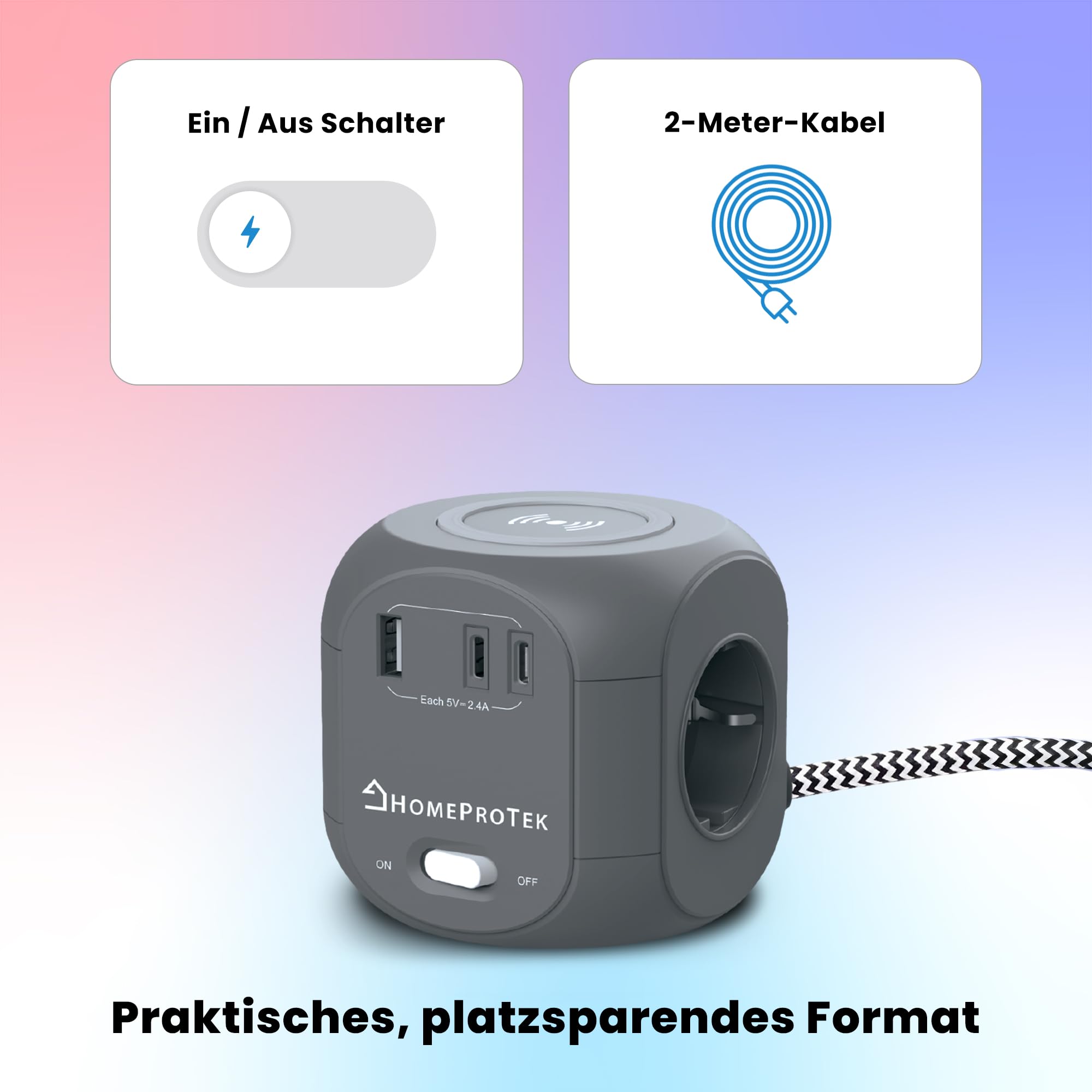 HomeProtek Steckdosenwürfel 3-Fach, USB-A, 2 USB-C, Grau, Kabelloses Laden | Steckdosenwürfel Mit USB, Kabellosem Ladegerät Und Schalter; Kompakter Mehrfachstecker Für Schreibtisch, Büro Und Zuhause