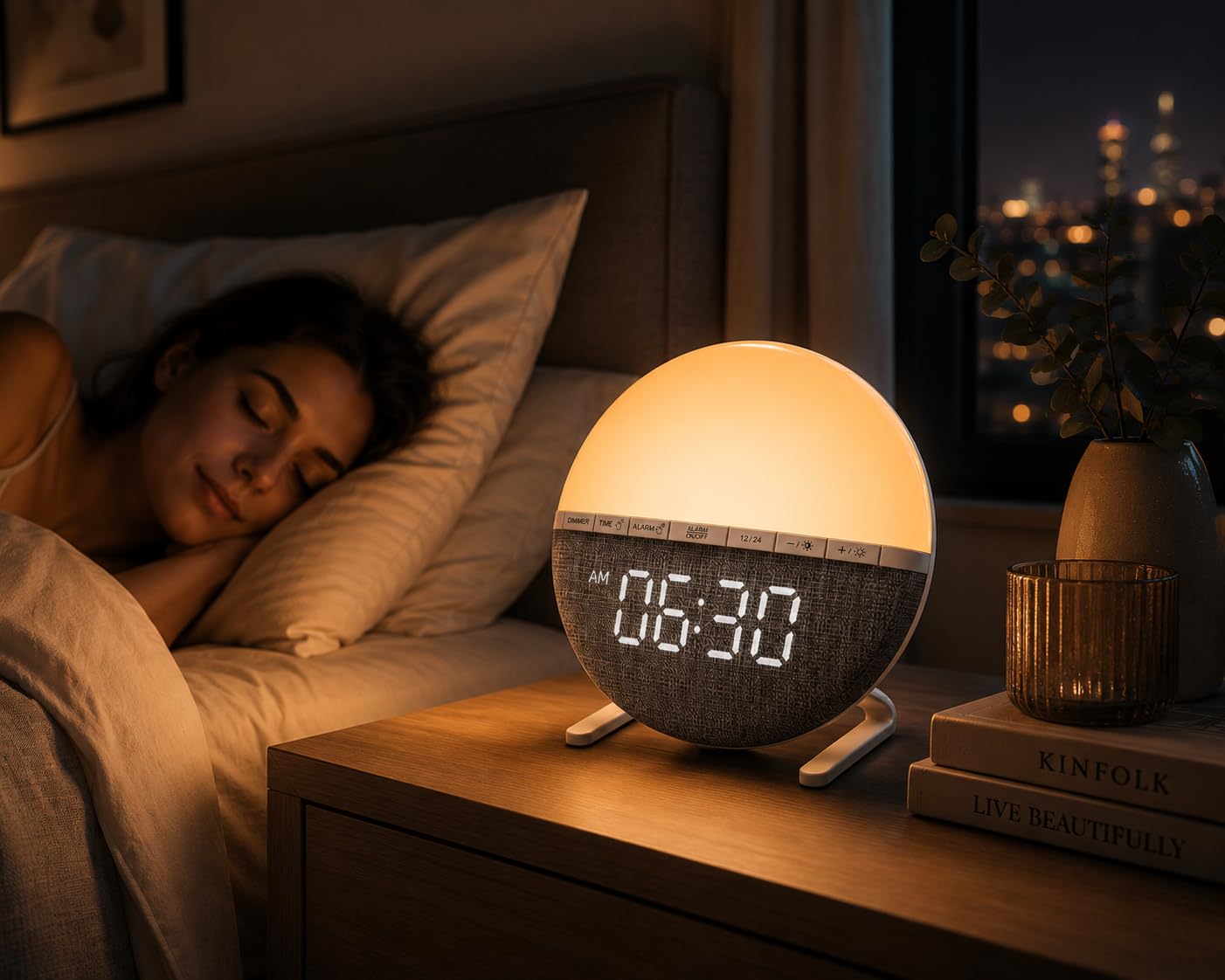 Aurora Clock™ Lichtwecker mit Digitaluhr, Sunrise Simulation, Dimmbares Ambientelicht, USB-Betrieb, Runde Form