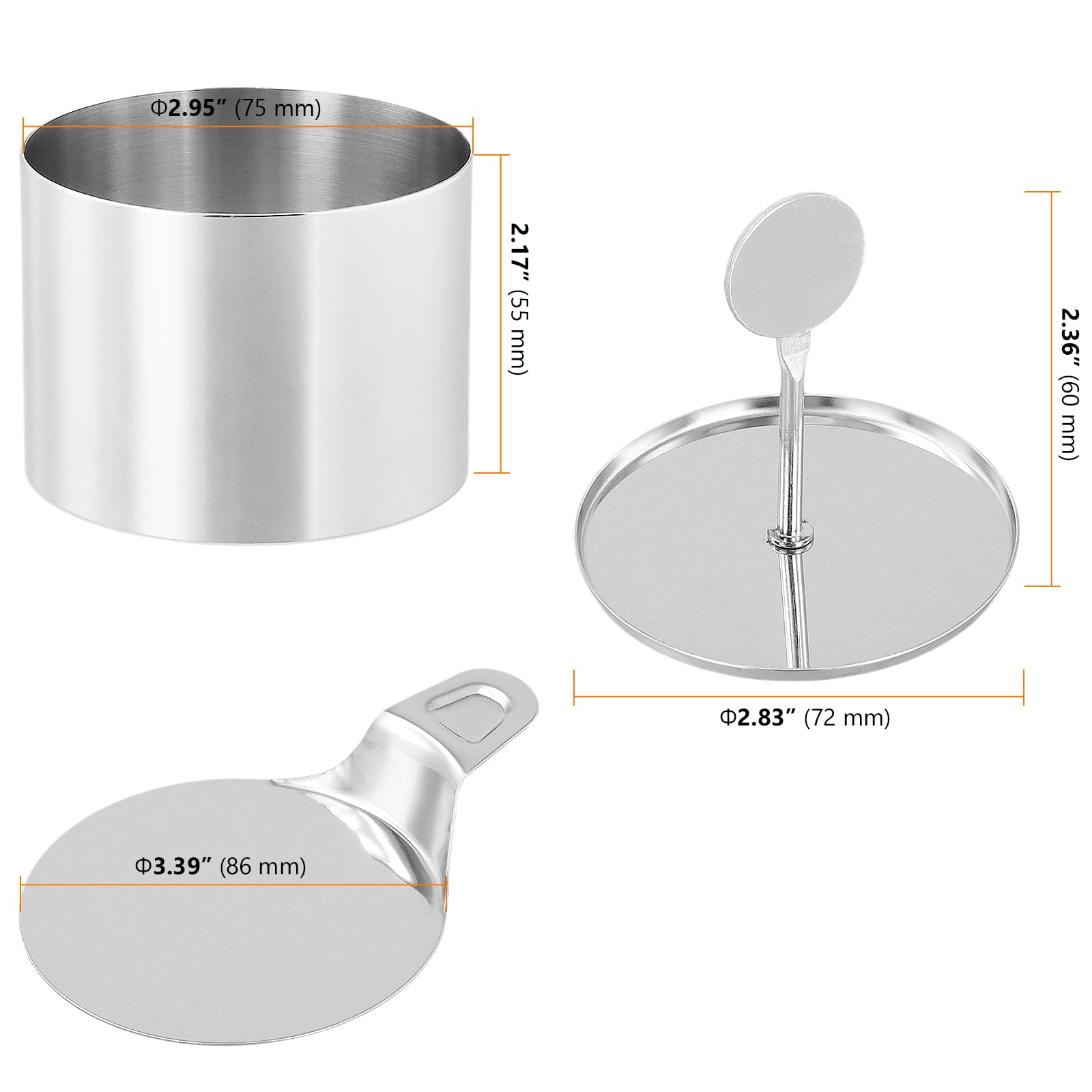 SEUNMUK 10 anelli rotondi per torte in acciaio inox, 7,5 x 5,5 cm, con pressa per alimenti e spatola, per crumpet, cheesecake, pasticceria, dessert, cucinare uova