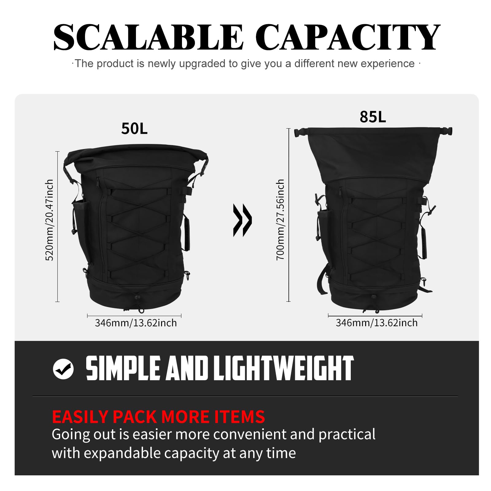 Borsa da viaggio sissy bar espandibile 50-80 l, antipioggia, tracolla, compatibile Harley, Yamaha, Suzuki, Kawasaki