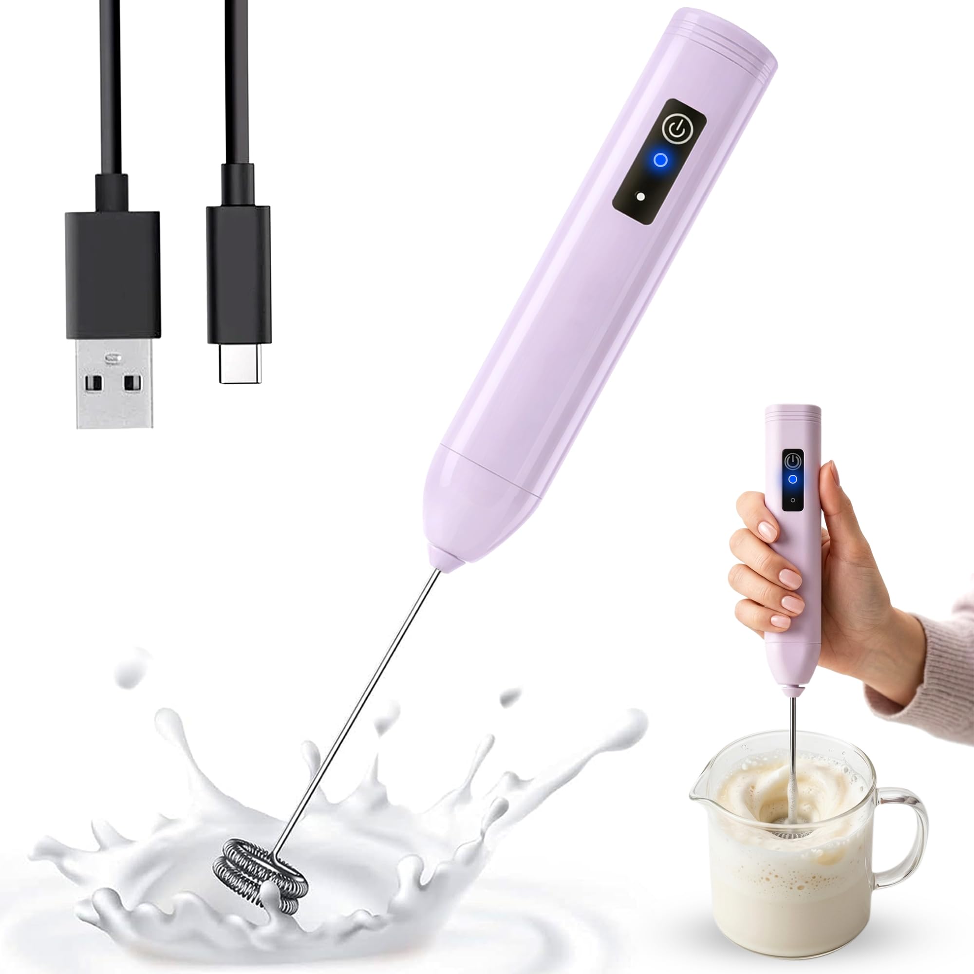 GLUN® Portable Coffee Frother Vibe Lavender Colour 1 Piece, Type-C Port Rechargeable Handheld Milk Frother with 2-Layer Detachable Steel Whisk, Fast Foam Maker for Latte, Cappuccino & Coffee-image-8