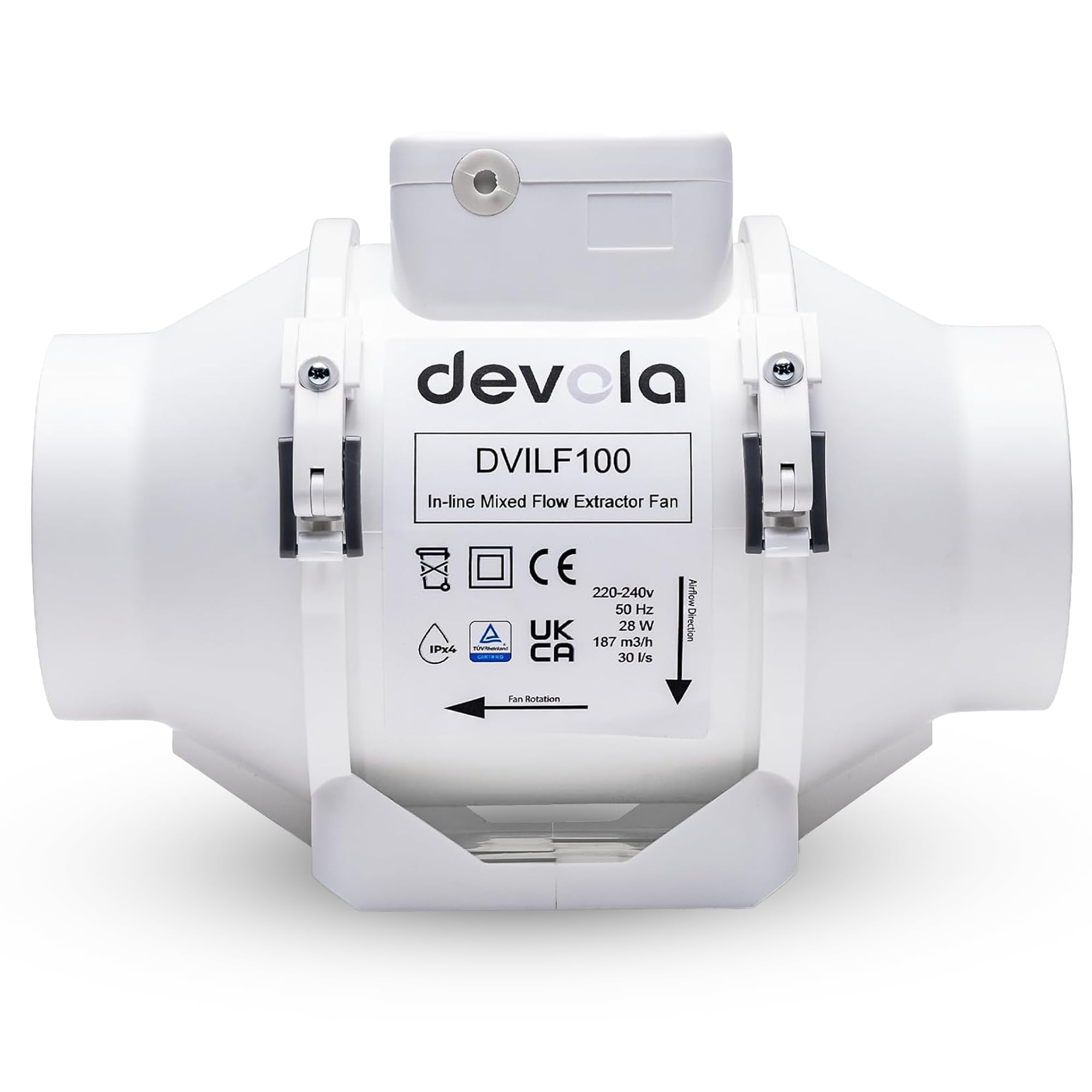 Devola DVILF100 - Ventola di aspirazione standard in linea a flusso misto, 100 mm, per cucina e bagno