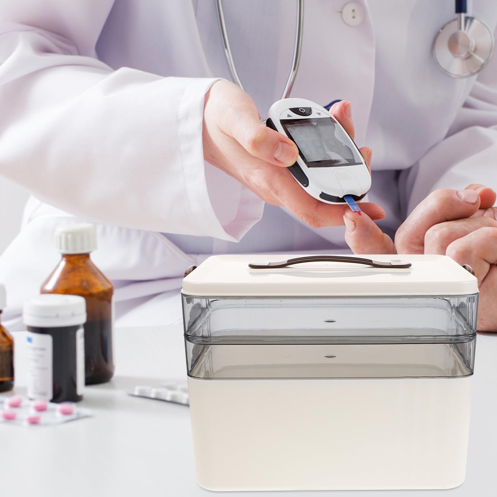 Caja Organizadora de Medicamentos con Cierre de Seguridad y Compartimentos Multilayer Gran Capacidad para Almacenamiento Familiar Portátil y Transparente para Botiquín Doméstico