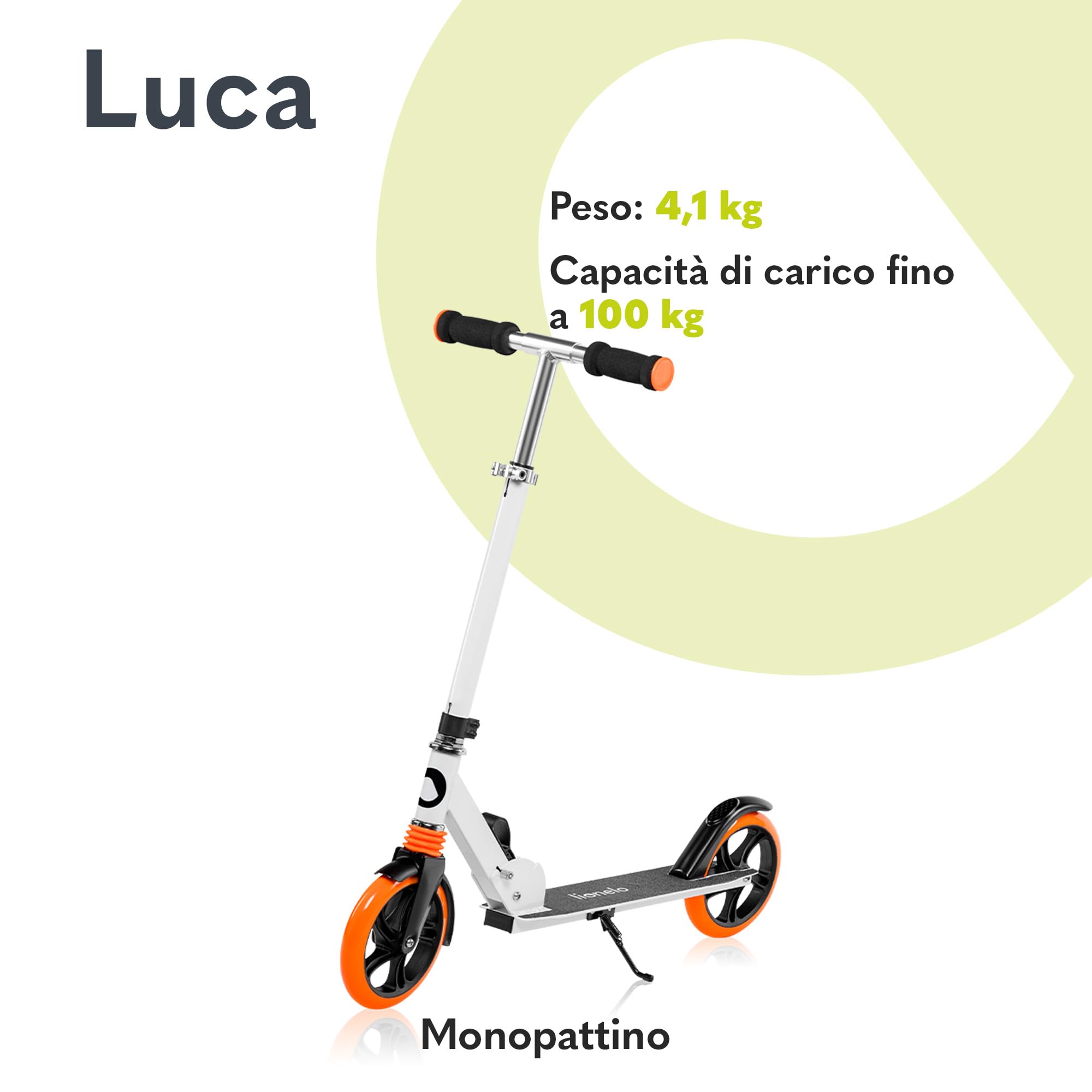 LIONELO LUCA Monopattino pieghevole per Bambini e adulti fino a 100kg, Regiolable e leggero solo 4kg, Costruzione solida, Ruote 20cm, Ammortizzatori ShockResist, Freno posteriore, Antiscivolo