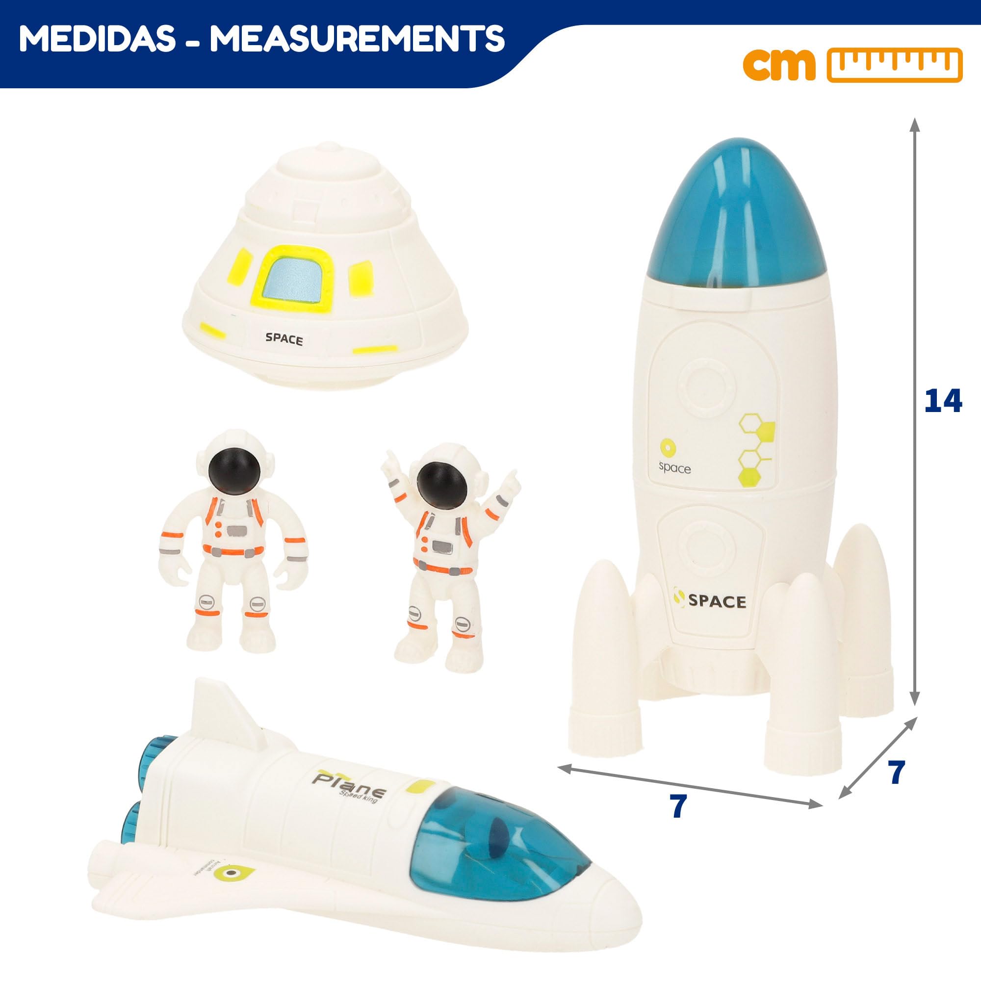 ColorBaby 47944 Speed & Go Set exploración Espacial, 7 Figuras, Astronauta, Cohete, Nave, Antena, Satélite, Juguetes y Juegos del Espacio para niños, Astronomía, Regalo niña 3 años Educativo