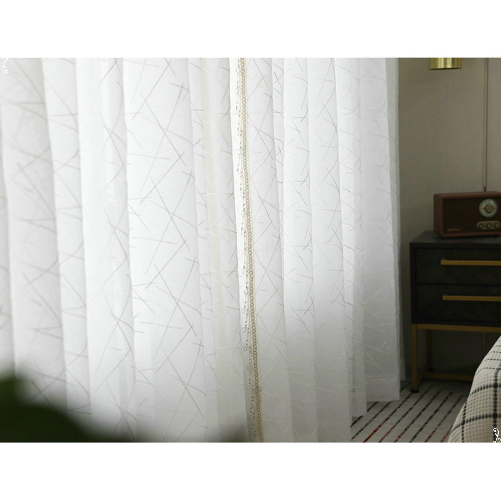 Gualiy Durchsichtige Vorhänge Transparent, Gardinen Wohnzimmer 2er Set Weiß Haken 107x132CM Geometrische Linien Gestickt Vorhang für Wohnung