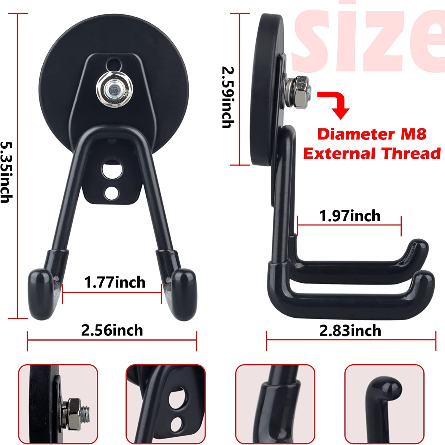 ULIBERMAG Ganchos magnéticos para garaje, juego de 2 ganchos magnéticos utilitarios de almacenamiento con revestimiento antideslizante para suspensión interior y exterior, color negro