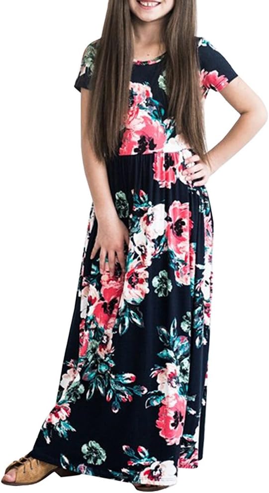 Girls Floral Maxi Dress, Flower Printed Short Sleeves Dress with Pockets Summer Long Holiday Dress