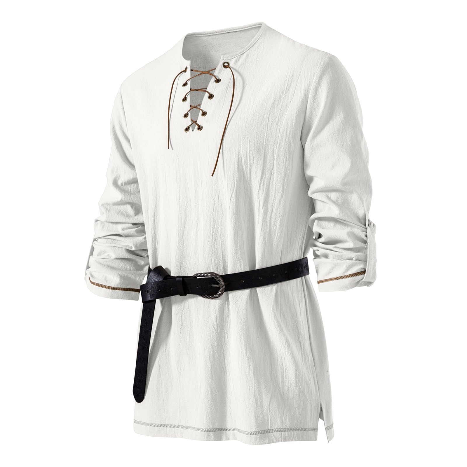 Cocila Men's Medieval Viking Pirate Renaissance Shirt with Belt Halloween Retro Shirts Cotton Linen Drawstring Vintage Cosplay Tops Loose Lace Up Shirts White 3XL