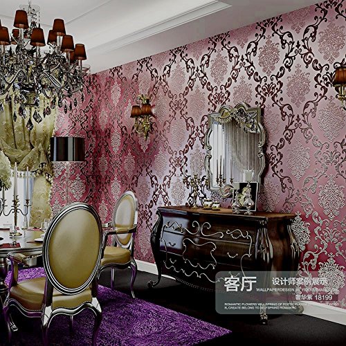 Qihang European Style 3D Damask Pearl Powder Non-Woven Wallpaper Roll Purple&Red Color 0.53M*10M=5.3㎡ #TOP2