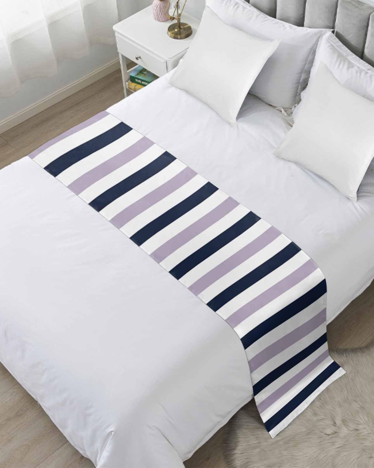 Twin Bed Runner Abstract Purple Navy Striped Bedding Runner Scarves Decorative Bed Scarf, Contrasting Watercolor Streak Soft Bedding Scarf for Bedroom Hotel Wedding 102x20in