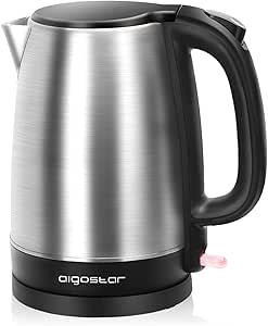 Aigostar Wasserkocher Edelstahl 1,7 L, 2200W Elektrischer Wasserkocher mit Kalkfilter, Kabellos, Abschaltautomatik, ideal für Tee, Kaffee, Babynahrung, BPA-Frei, Schwarz
