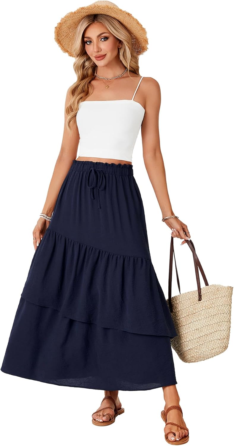 Vrtige Women's Summer Elastic High Waist A Line Flowy Asymmetrical Ruffle Maxi Long Skirts - Image 6